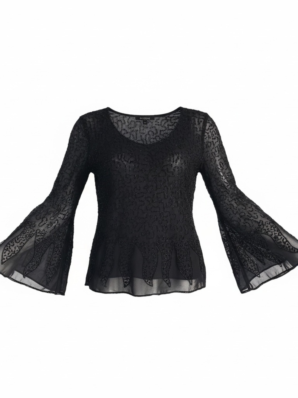 Beaded Bell-Sleeve Lace Top - Black